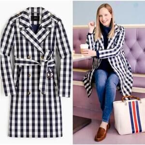 J. Crew Icon Belted Trench Coat Navy White Gingham Check Plaid Preppy 4